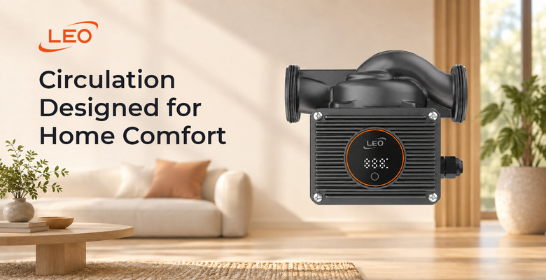LEO circulation pump against an illustrative residential interior