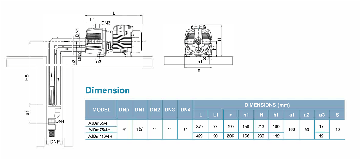 Jet Pump for Deep Wells Specifications 1- AJDm55 4H - LEO PUMP