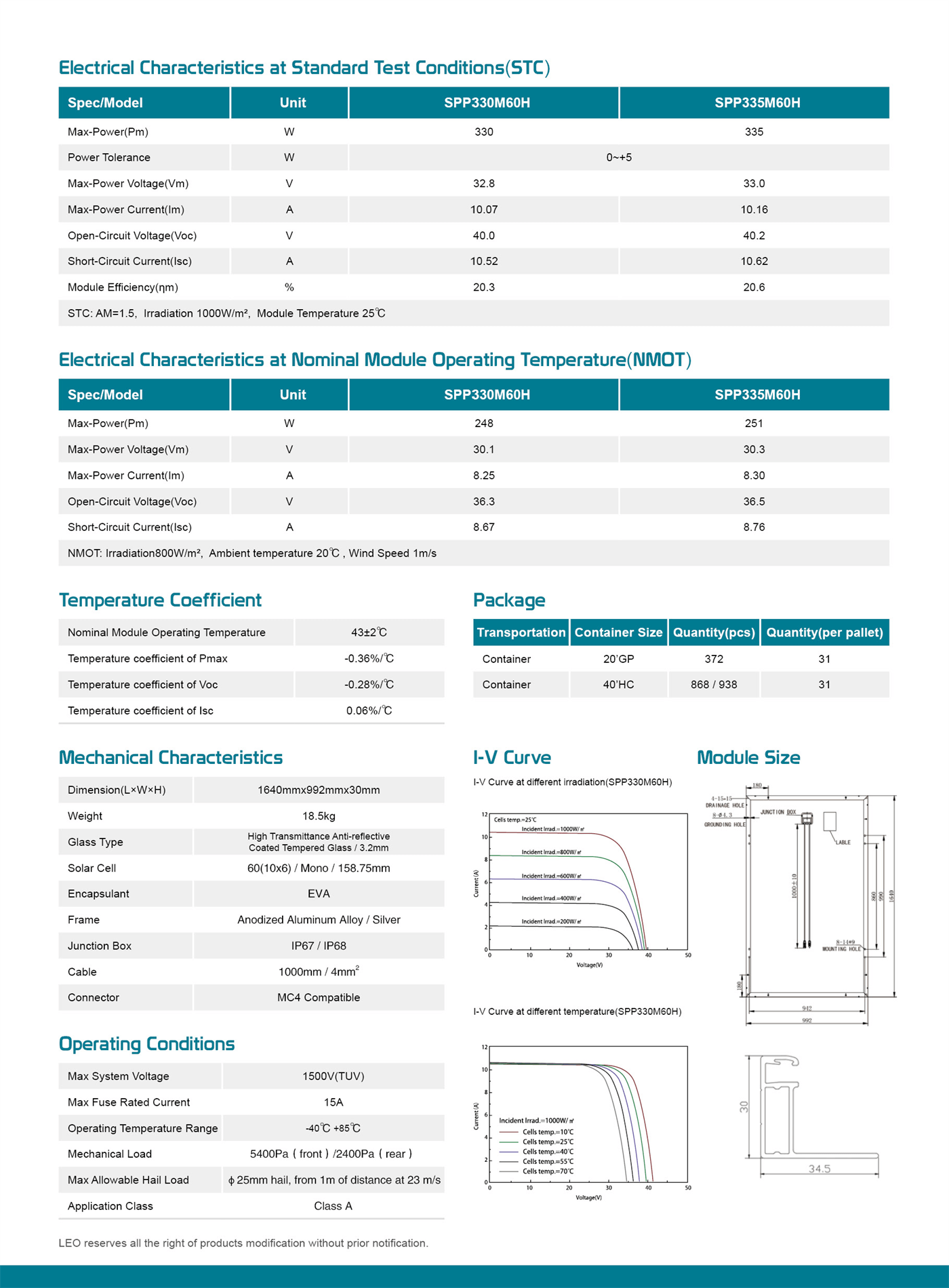 LEO Solar Panel C6-330-335W Specifications