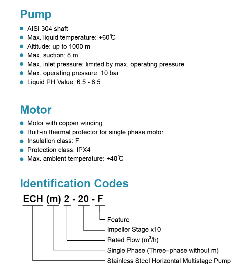 Stainless Steel Horizontal Multistage Pump Features - ECH(m)2-20-F