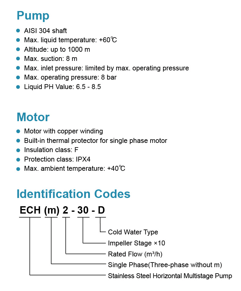 Stainless Steel Horizontal Multistage Pump Features - ECH(m)2-30-D