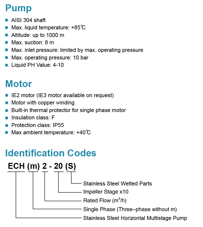 Stainless Steel Horizontal Multistage Pump Features - ECH(m)2-20(s)