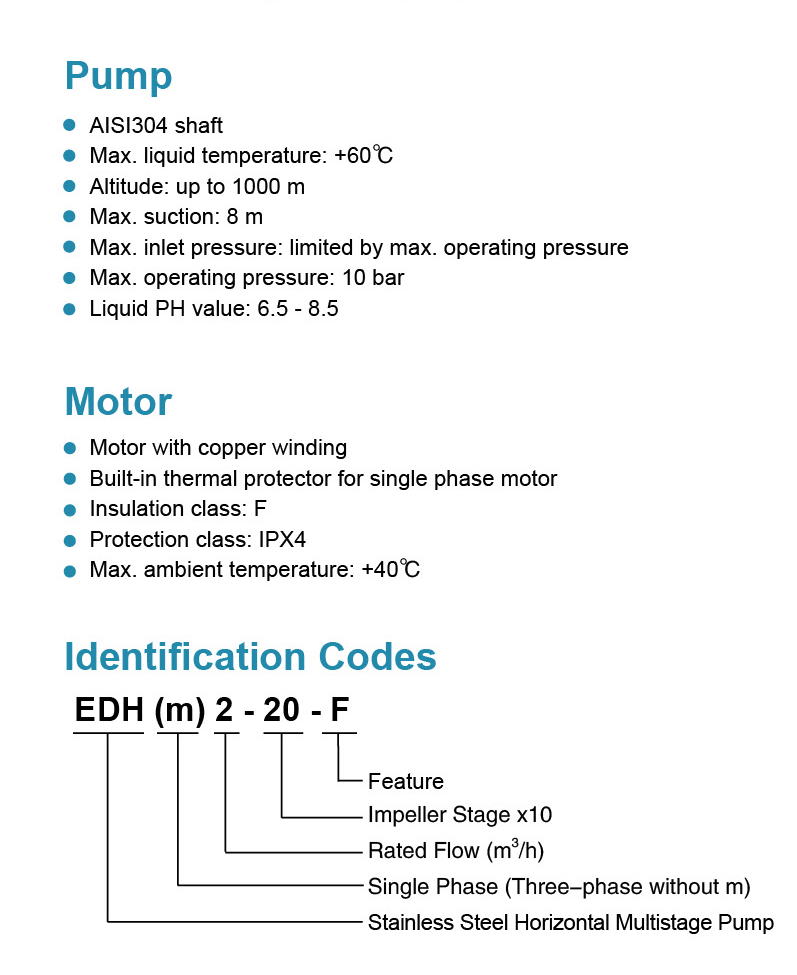 Stainless Steel Horizontal Multistage Pump Features - EDH(m)2-20-F