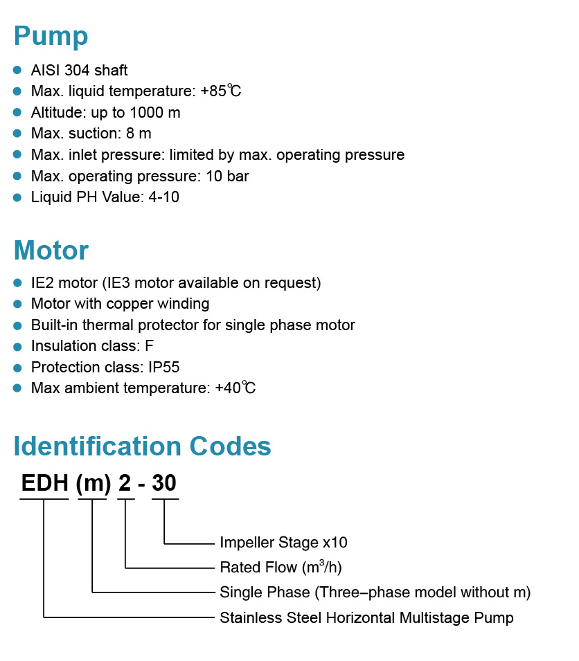 Stainless Steel Horizontal Multistage Pump Features - EDH(m)2-30