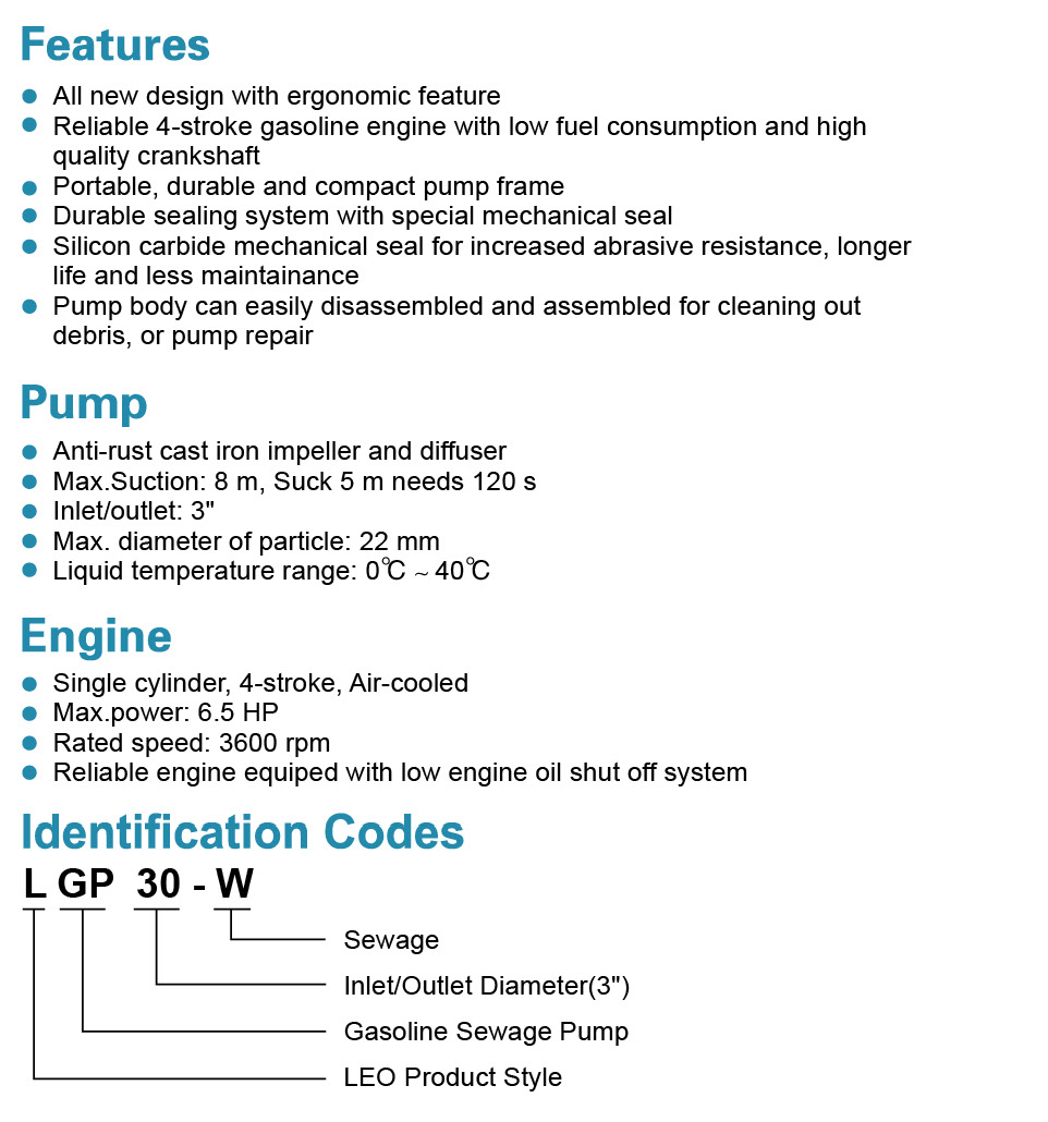 Gasoline Sewage Pump Features