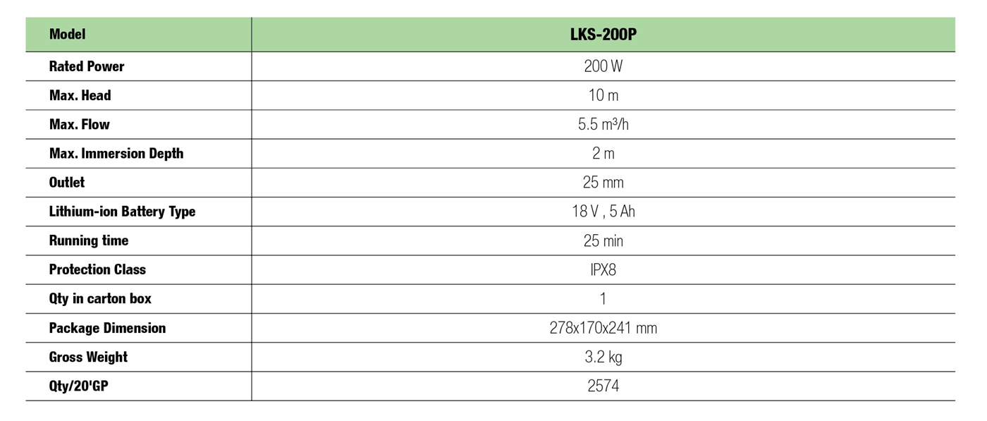 Lithium-ion battery submersible pump Specifictaions - LKS