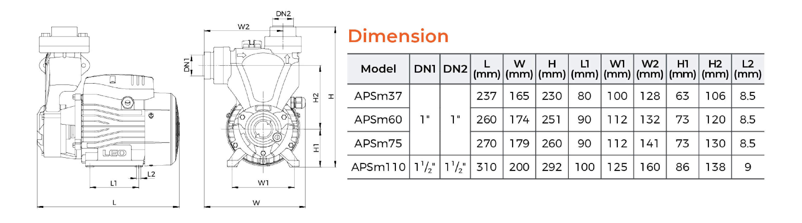 APSm Self-priming Peripheral Pump Dimension