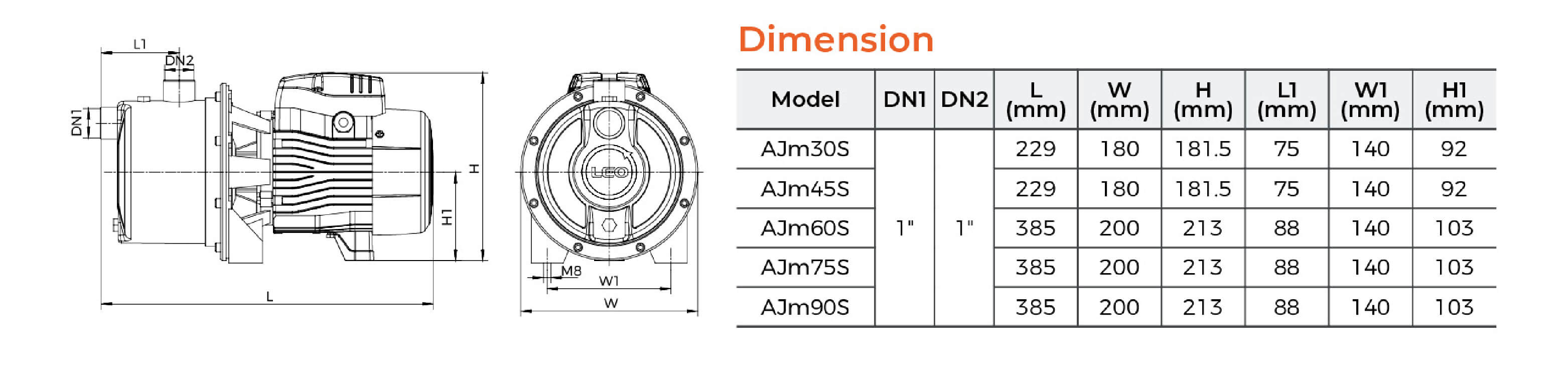 AJm-S Stainless Steel Jet Pump Dimension