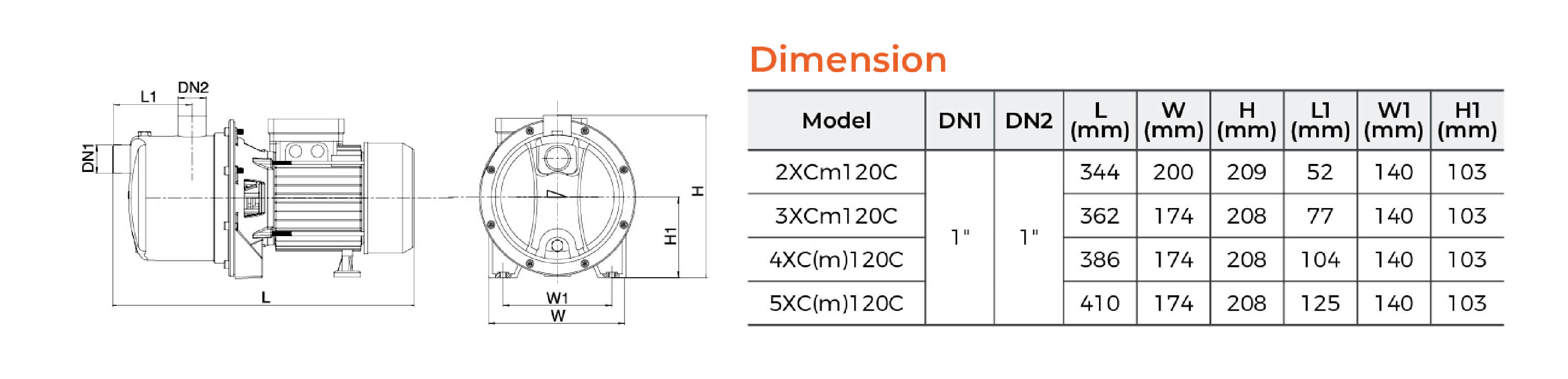 XCm Stainless Steel Multistage Centrifugal Pump Dimension