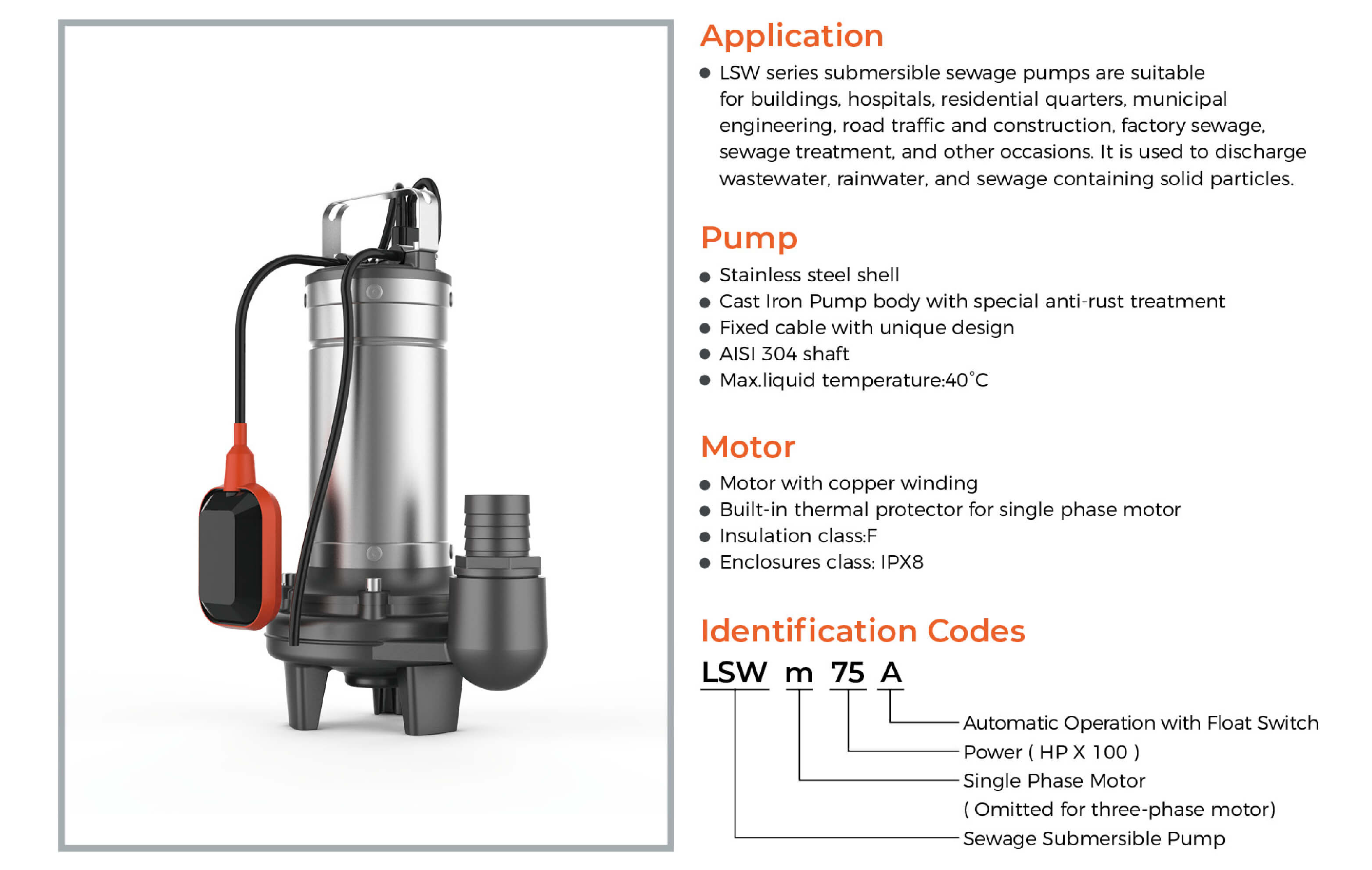LSW Sewage Submersible Pump Features
