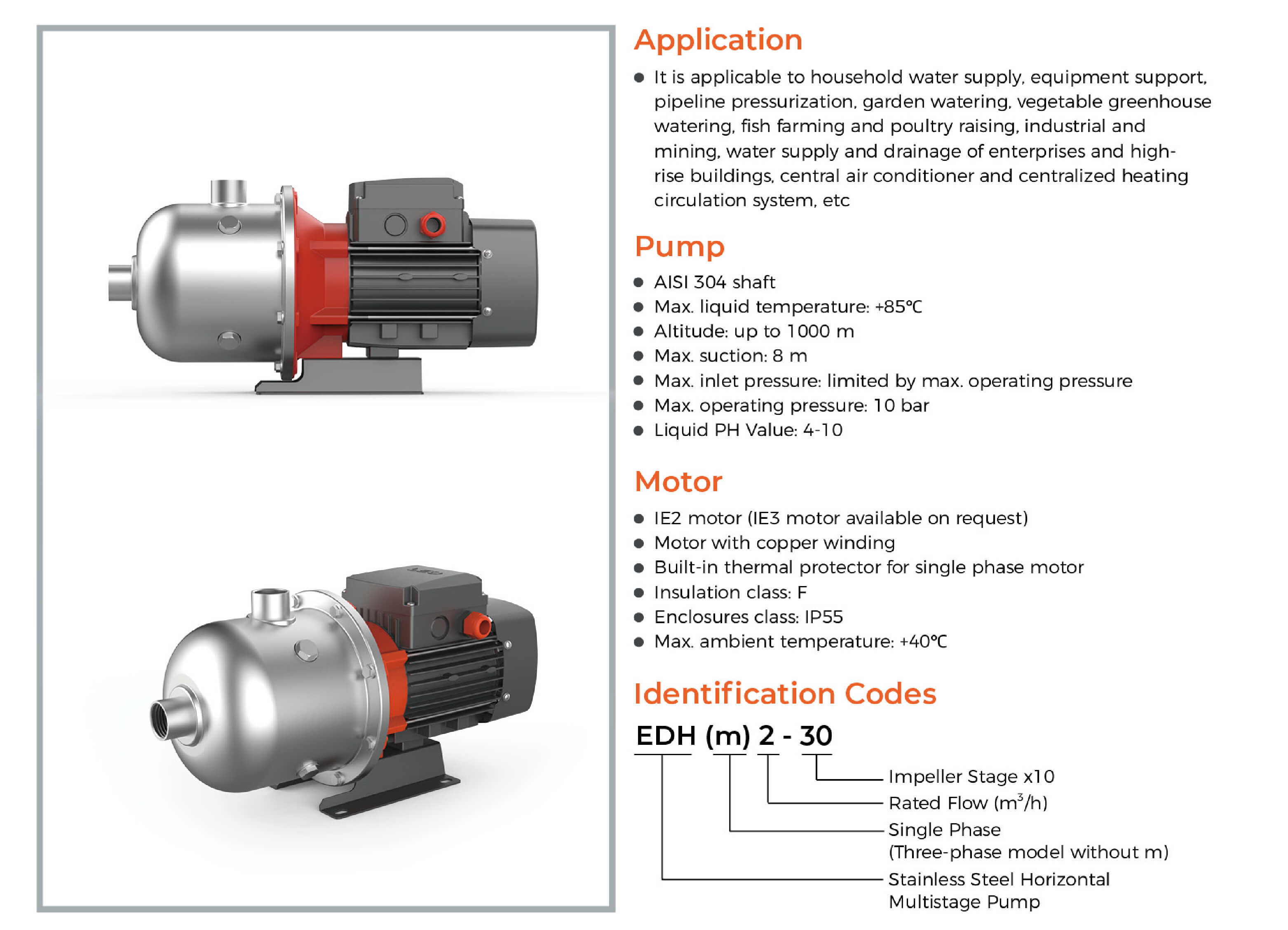 EDH Stainless Steel Horizontal Multistage Pump Features