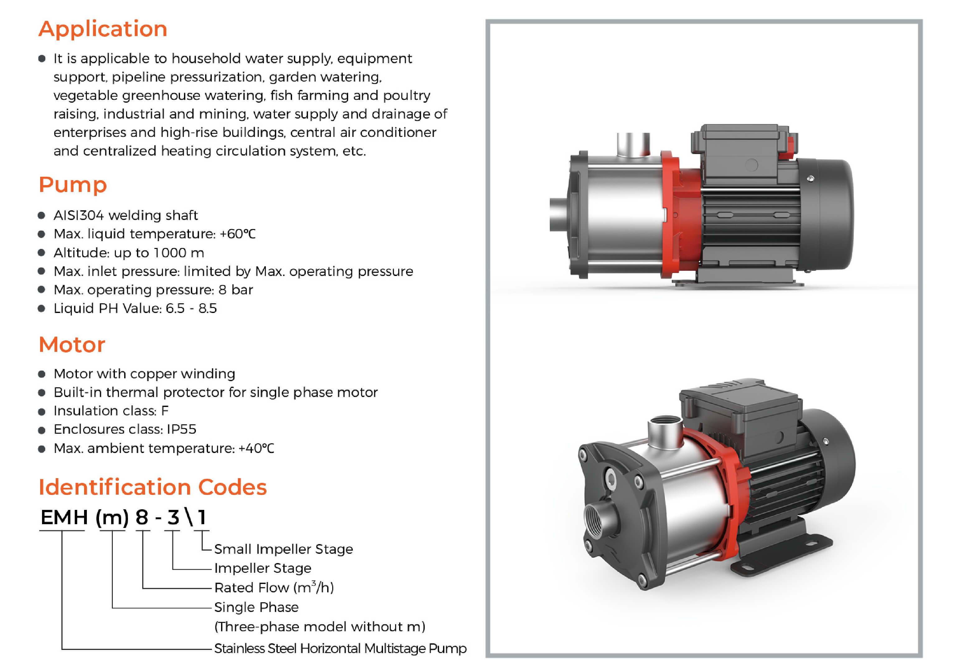 EMH Stainless Steel Horizontal Multistage Pump Features