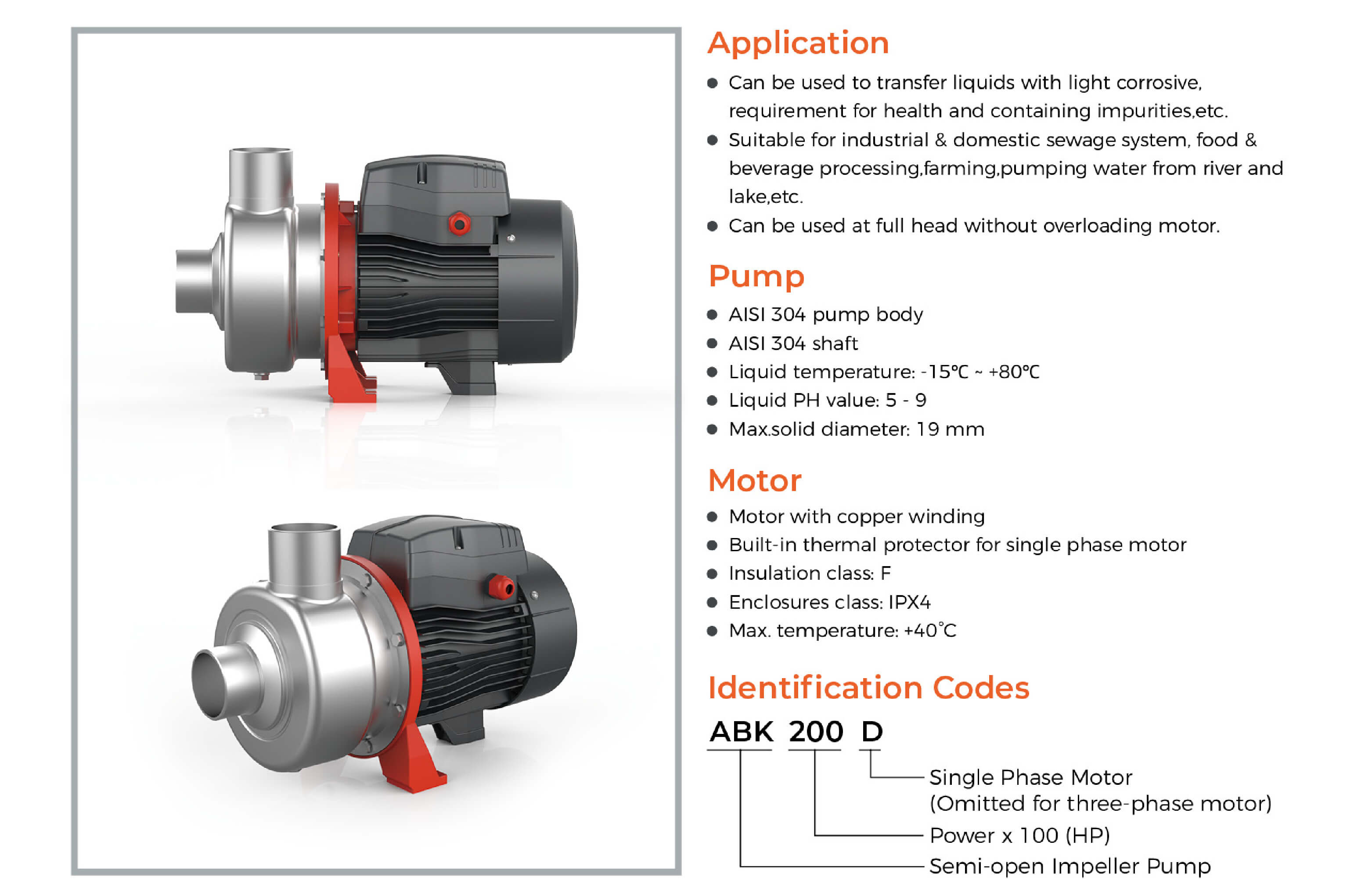 ABK Semi-open Impeller Stainless Steel Centrifugal Pump Features
