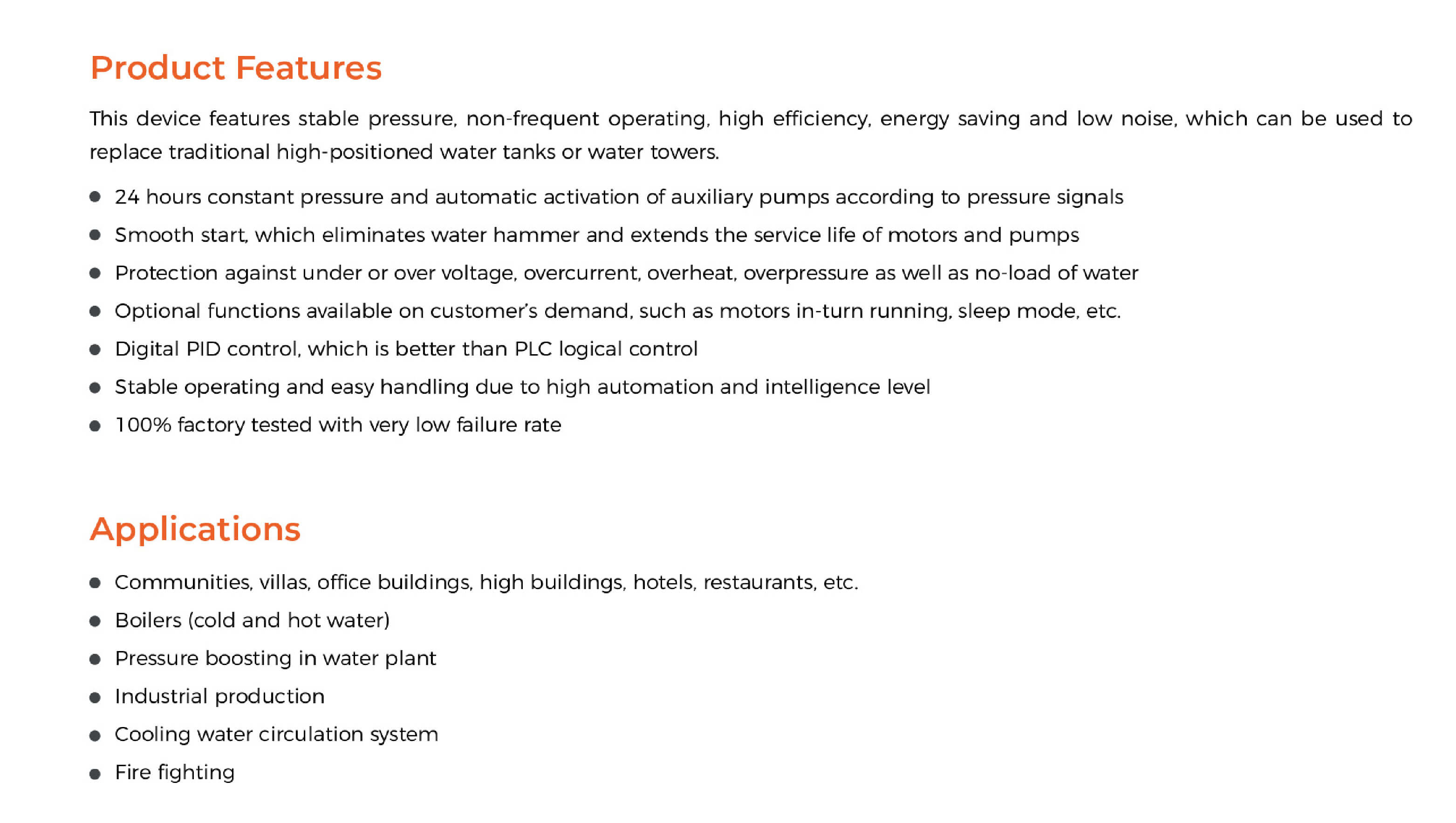 BWS Pressure Booster System Product Features