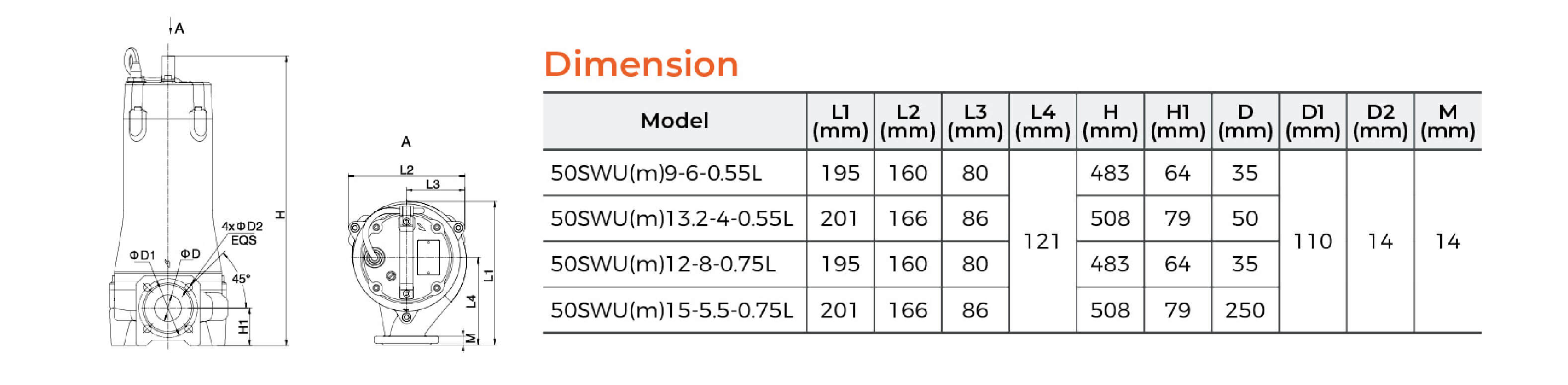 50SWU Submersible Sewage Pump Dimension