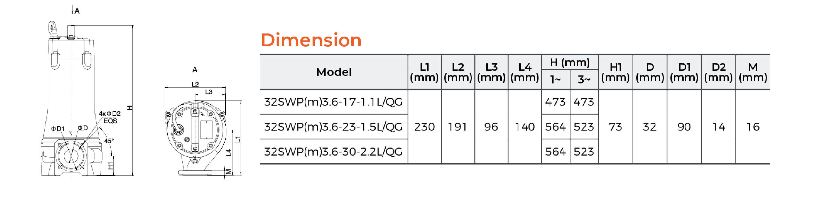 32SWP Submersible Sewage Pump Dimension