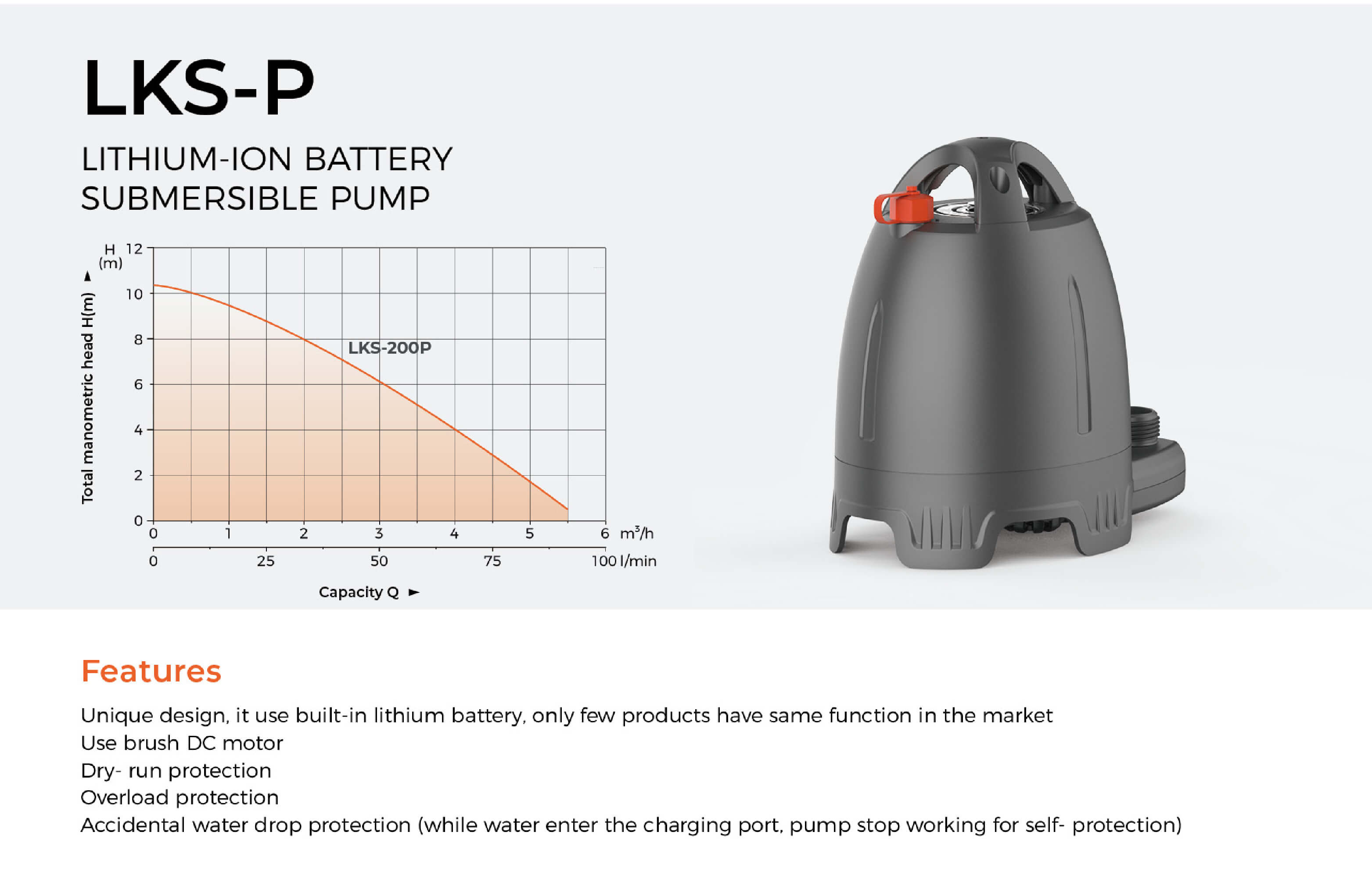 LKS-200P Lithium-ion Battery Submersible Pump Features