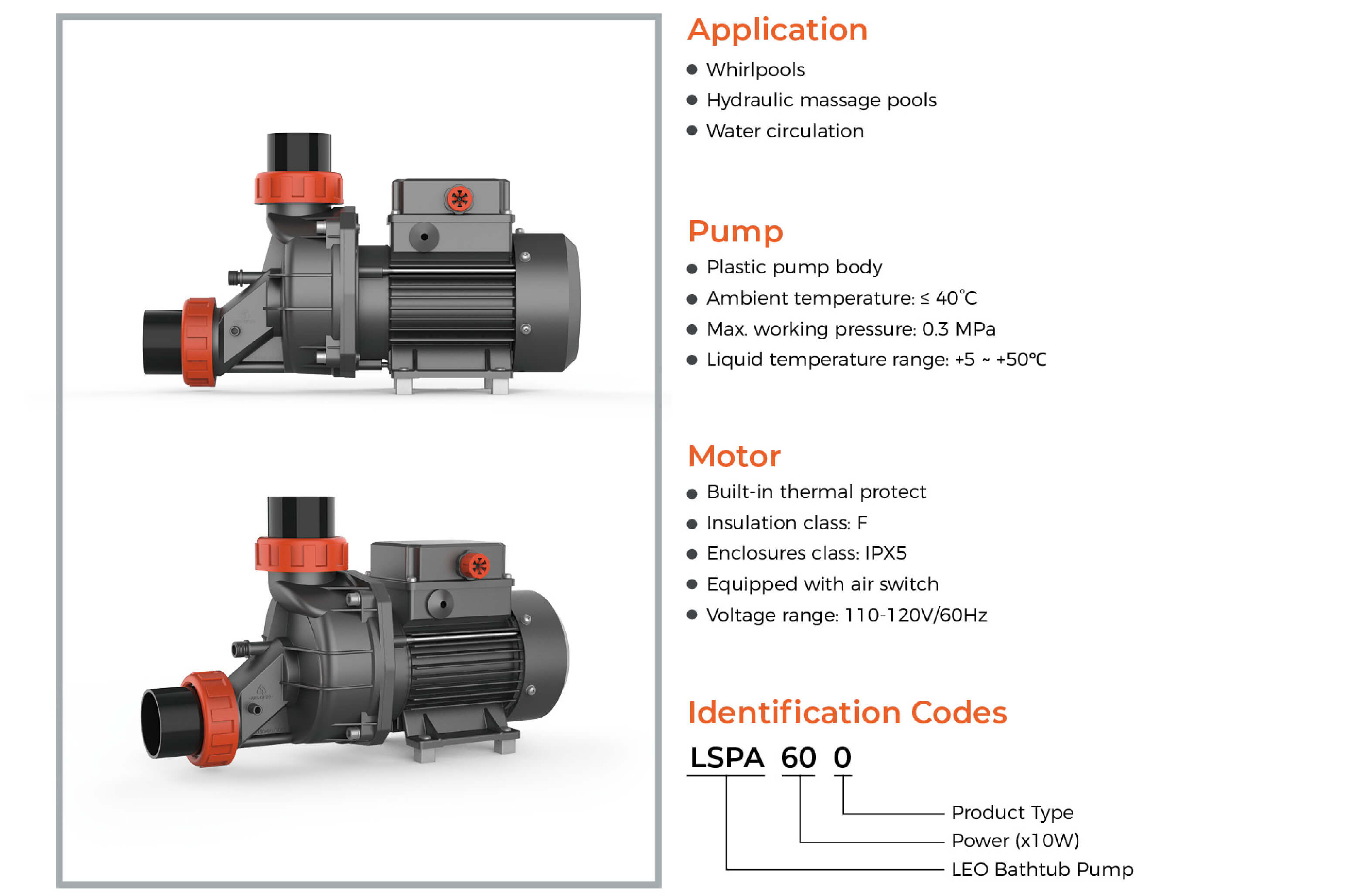 60HZ LSPA Bathtub Pump Features