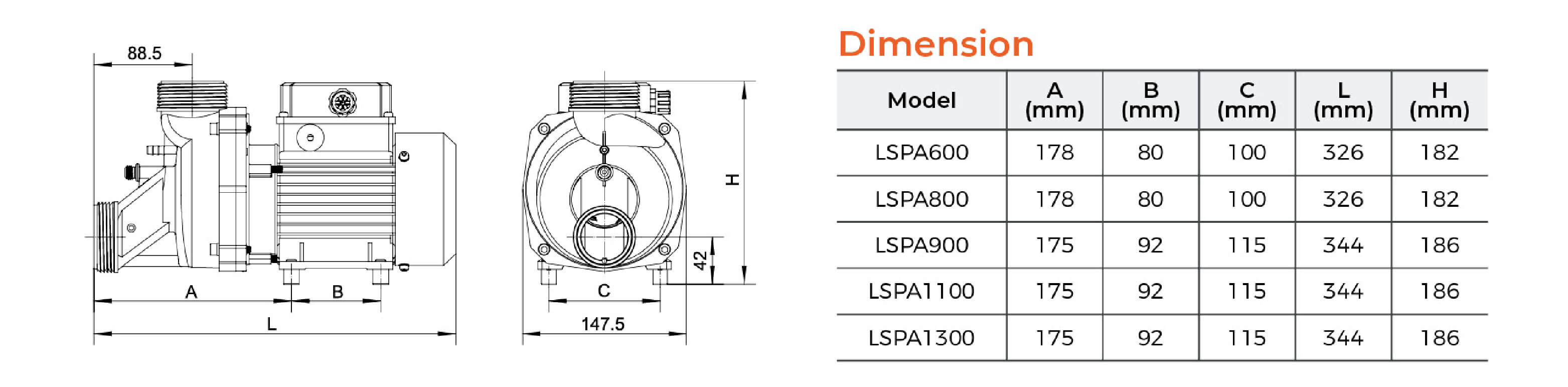 60HZ LSPA Bathtub Pump Dimension