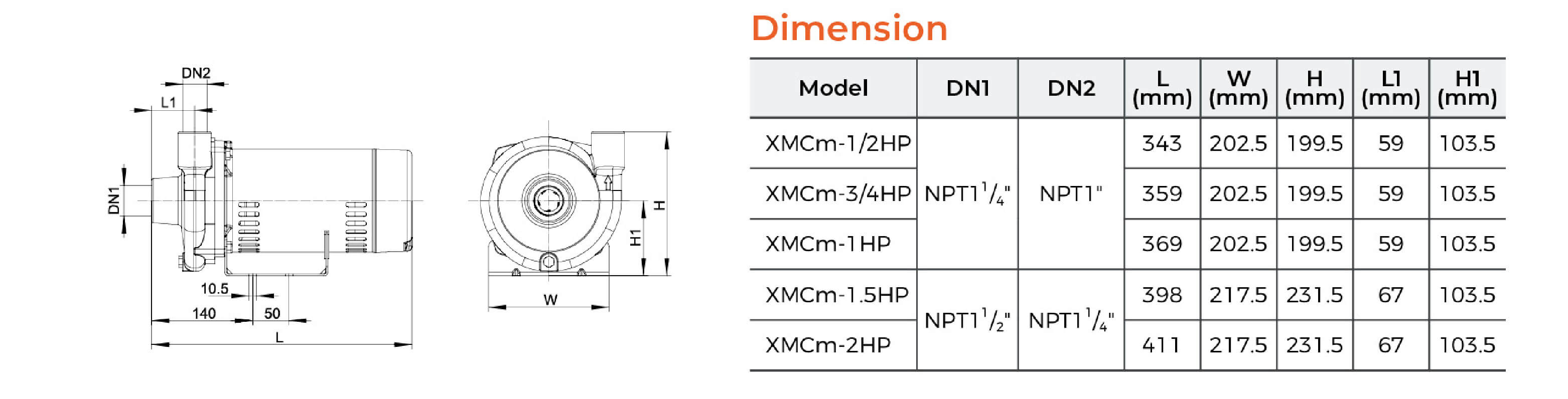 60HZ XMCm Centrifugal Pump Dimension
