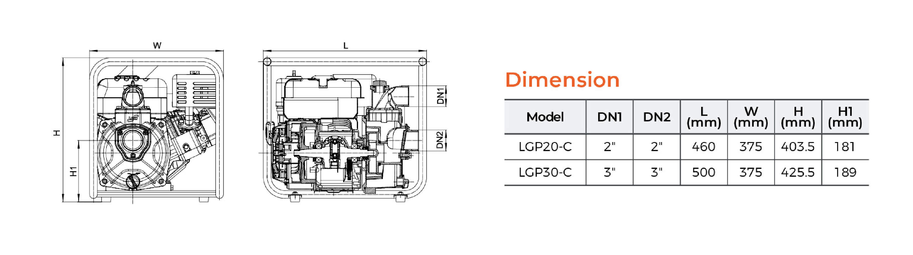 LGP-C Gasoline Water Pump Dimension