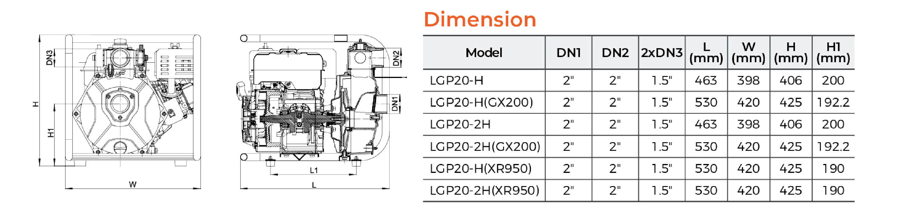 LGP20-H Gasoline Water Pump Dimension