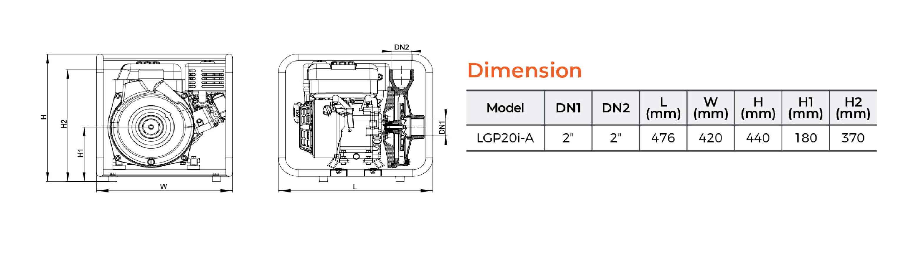 LGP20i-A Gasoline Cast Iron Centrifugal Pump Dimension