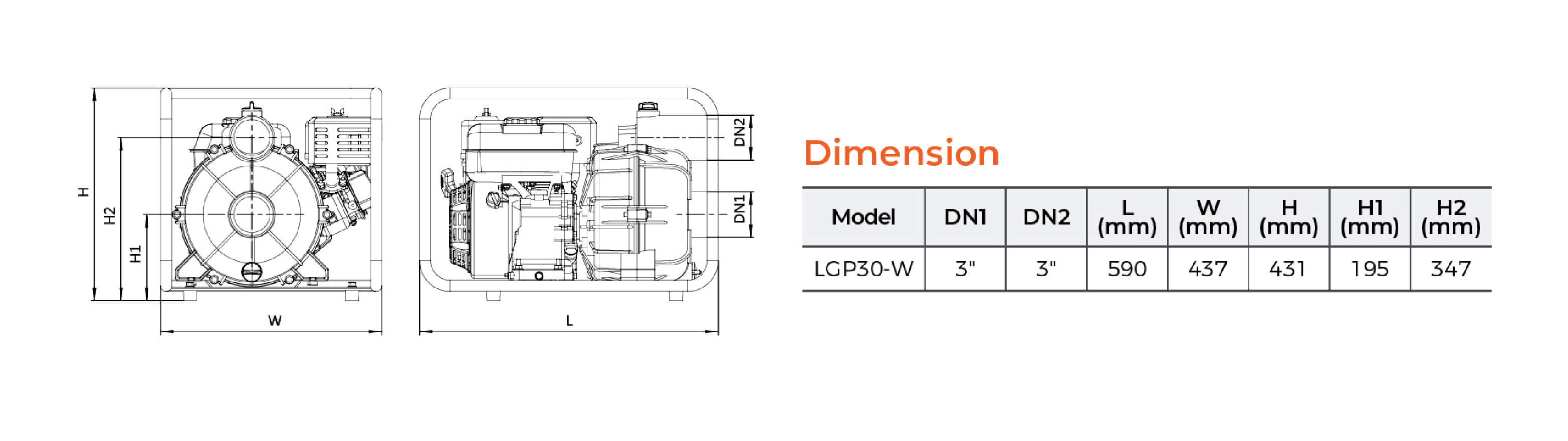 LGP-W Gasoline Sewage Pump Dimension