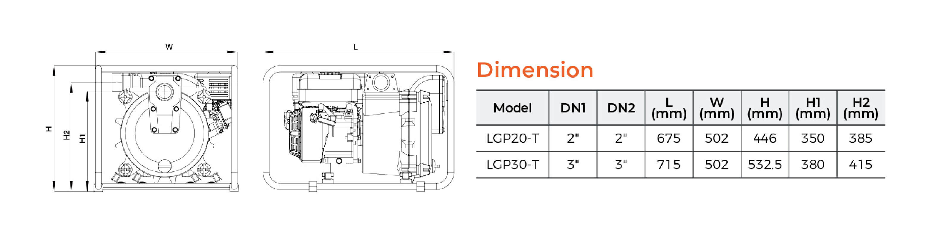 LGP-T Gasoline Trash Pump Dimension