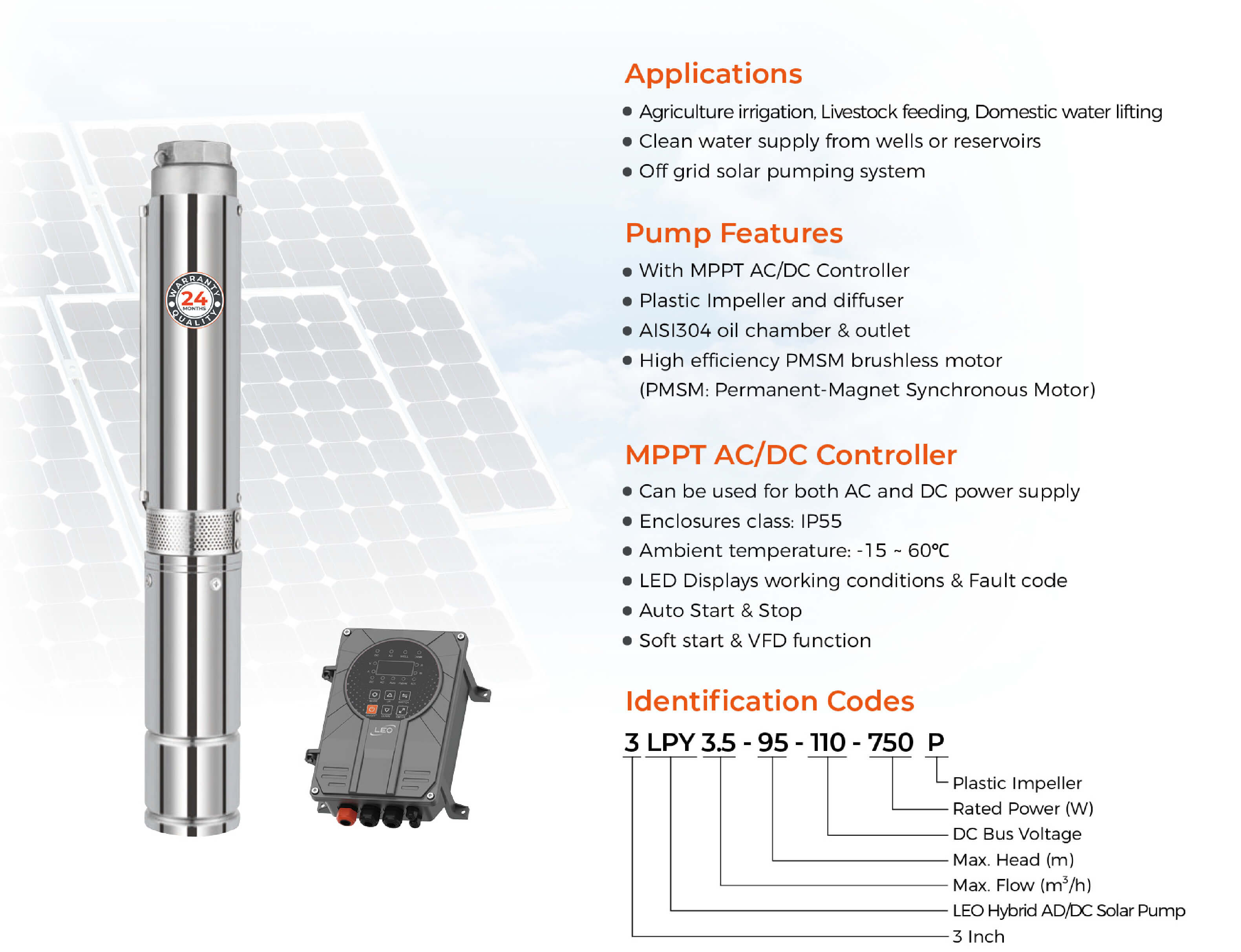 LPY Hybrid AC/DC Solar Submersible Pump with Plastic Impeller Features