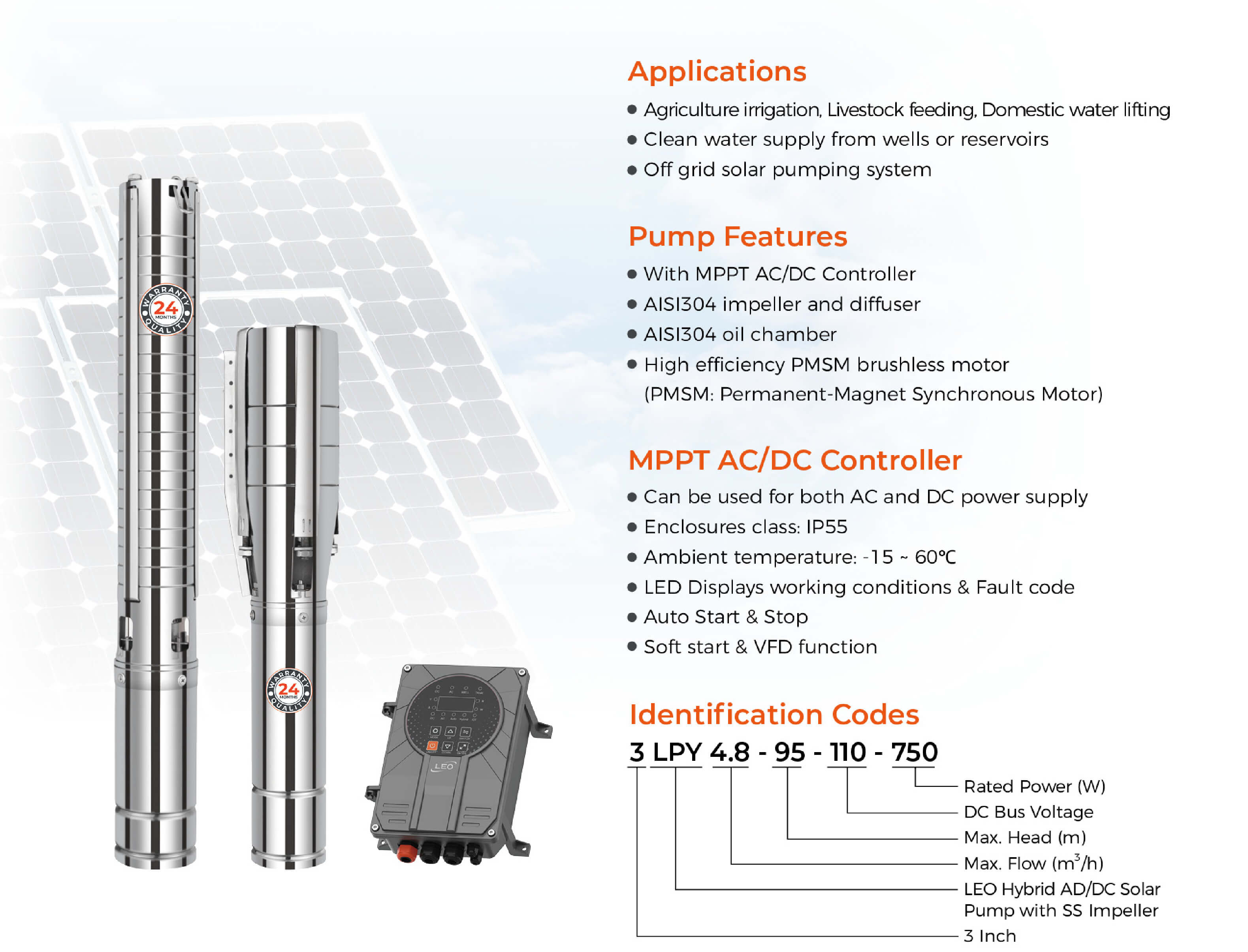 LPY Hybrid AC/DC Solar Submersible Pump with SS Impeller Features