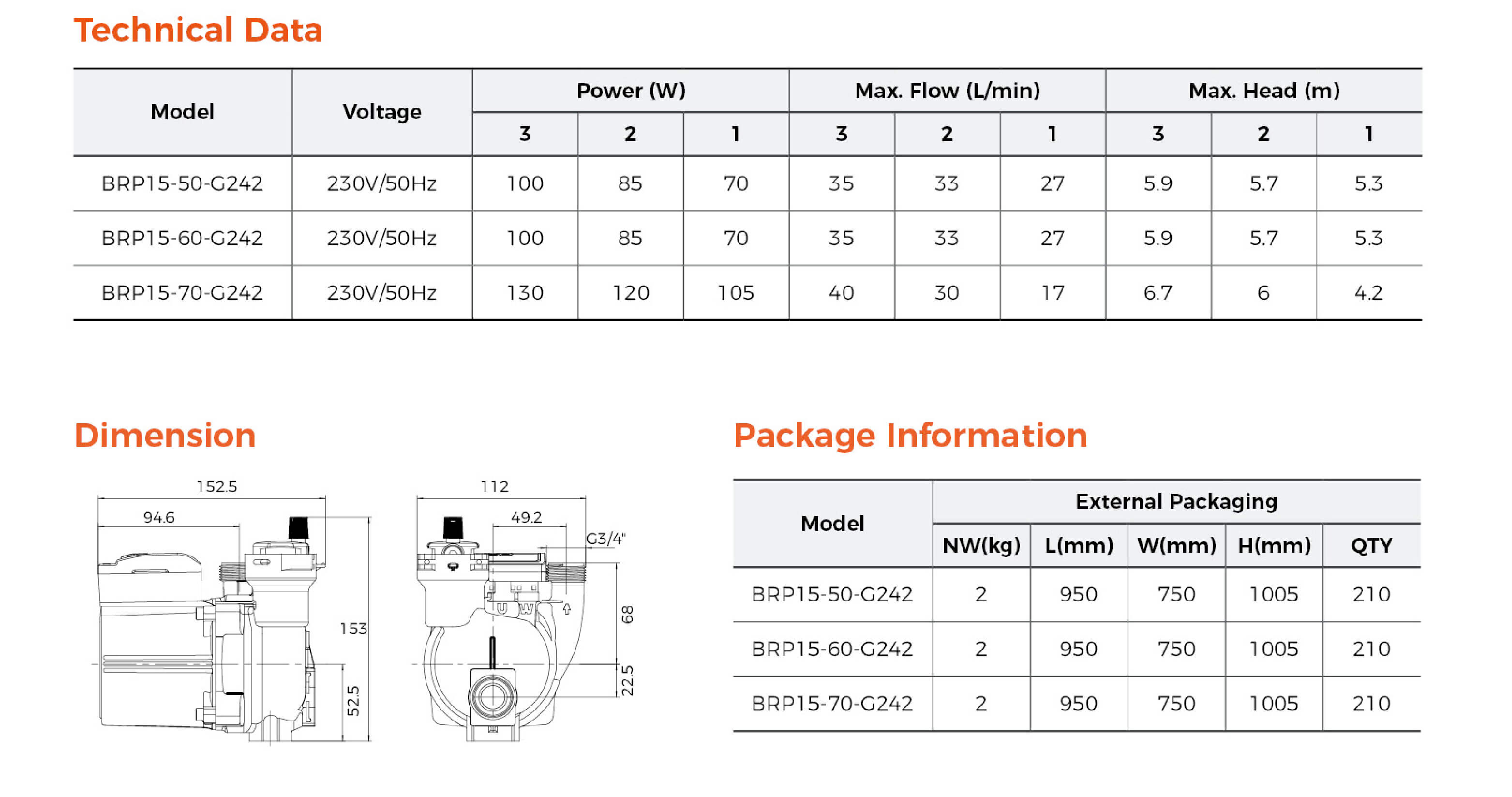 BRP Wall-Mounted Gas Boiler Pump G242 Specifications