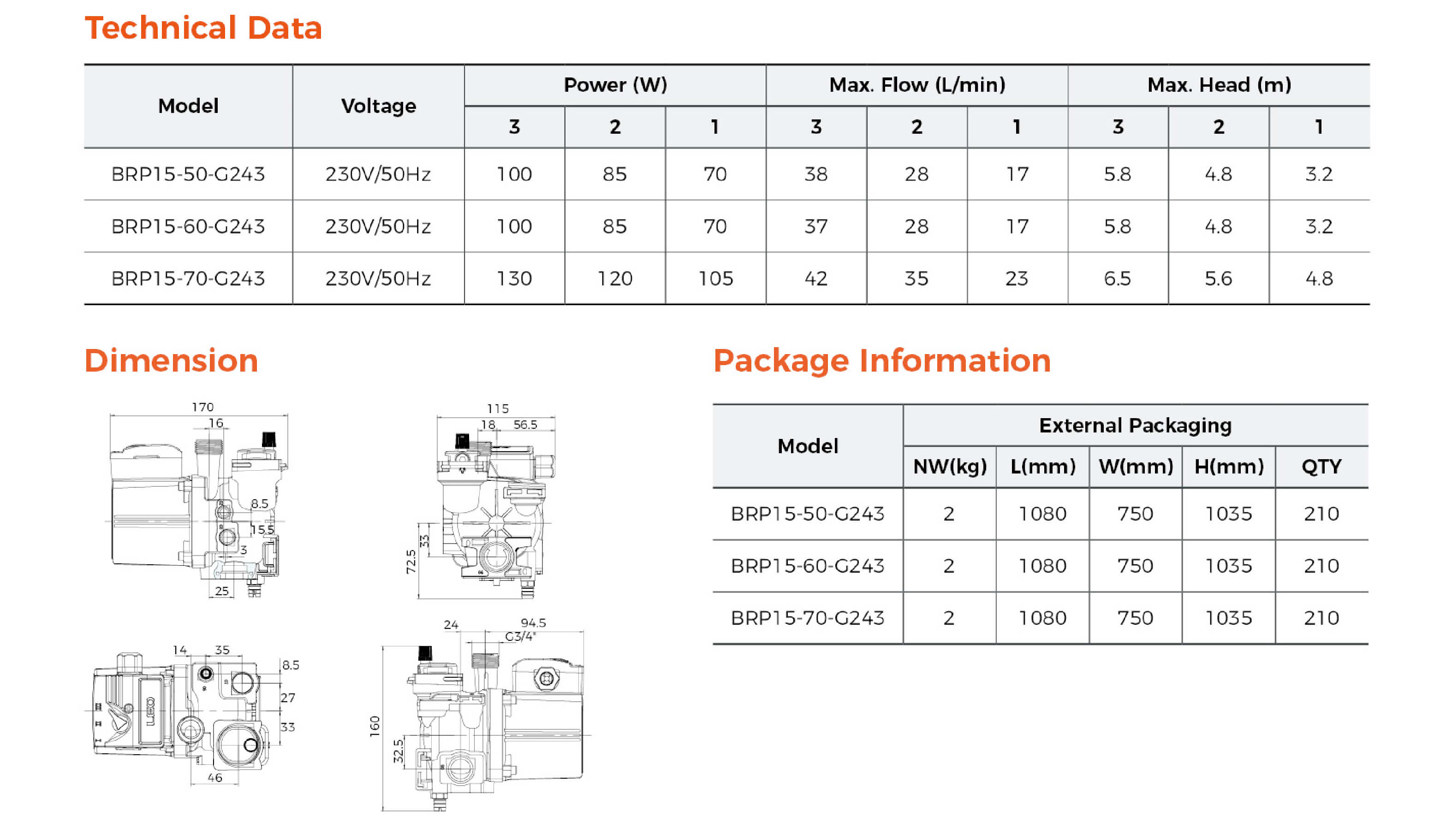 BRP Wall-Mounted Gas Boiler Pump G243 Specifications