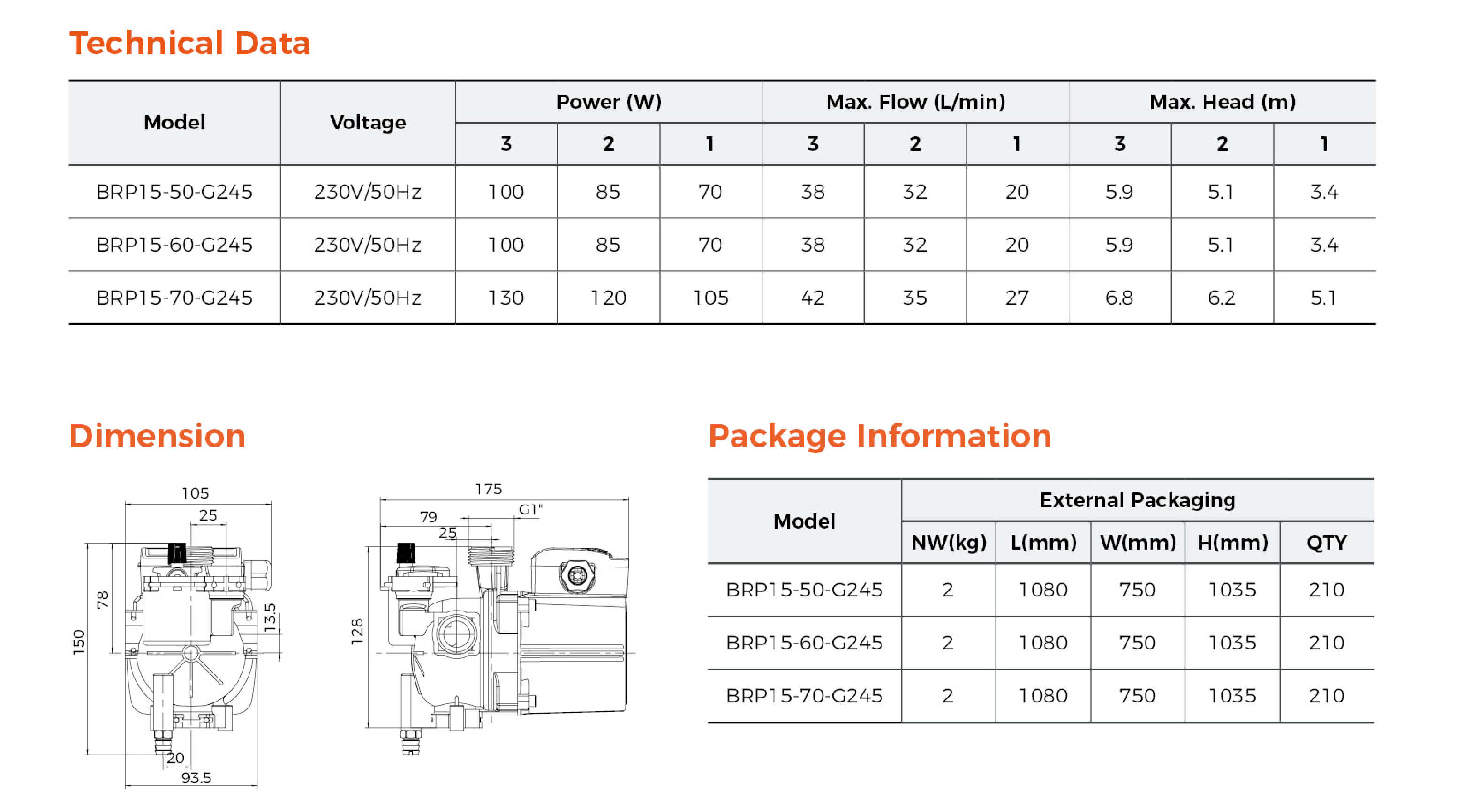 BRP Wall-Mounted Gas Boiler Pump G245 Specifications