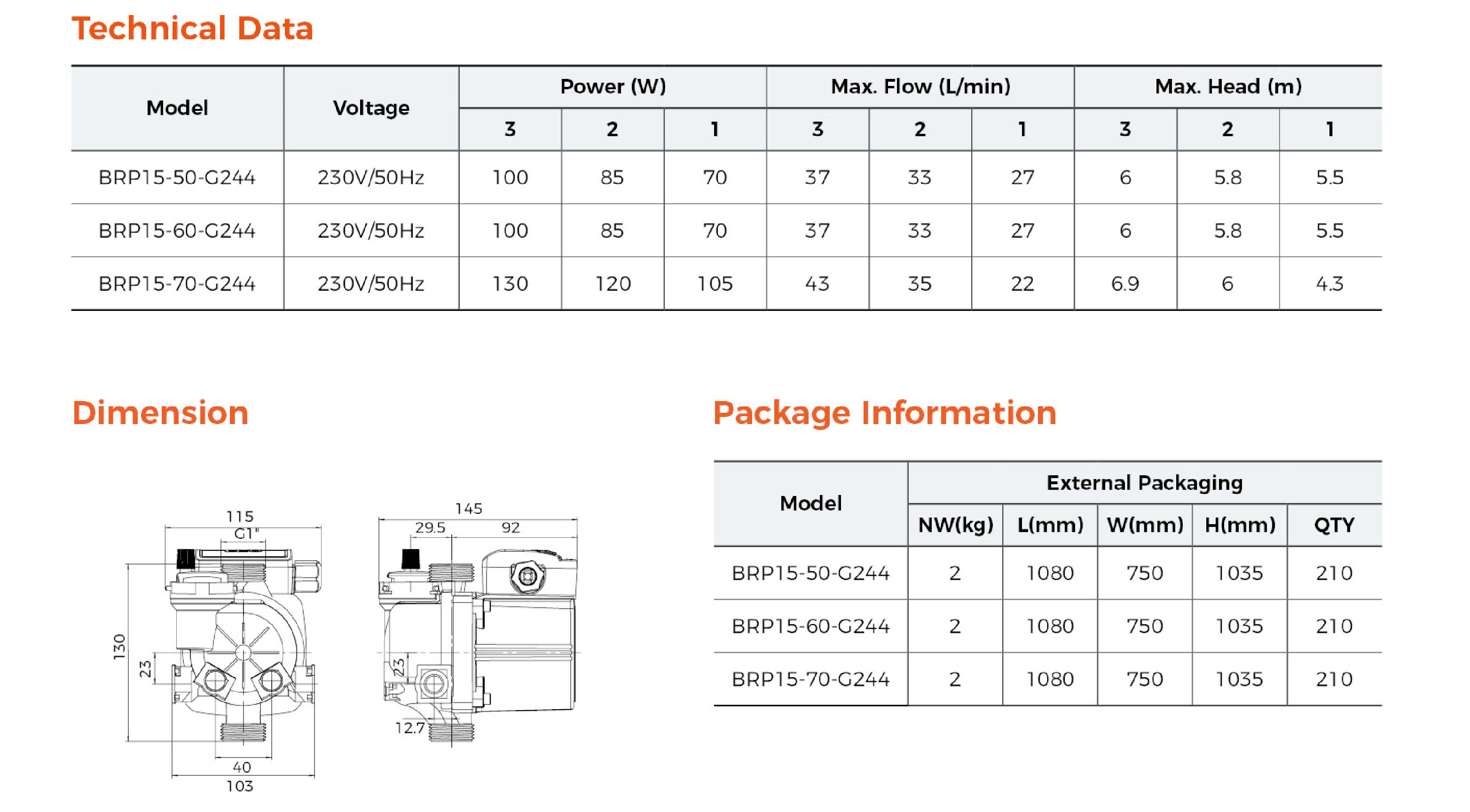 BRP Wall-Mounted Gas Boiler Pump G244 Specifications