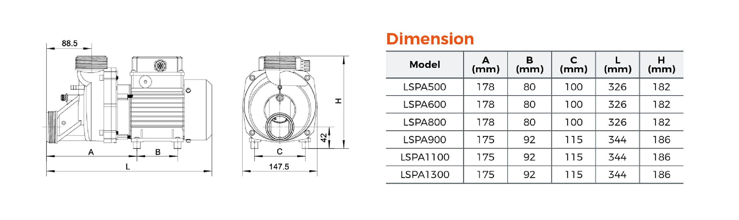 LSPA Bathtub Pump Dimension