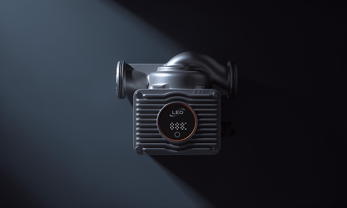LEO circulation pump with a front control panel and horizontal connections against a dark background.